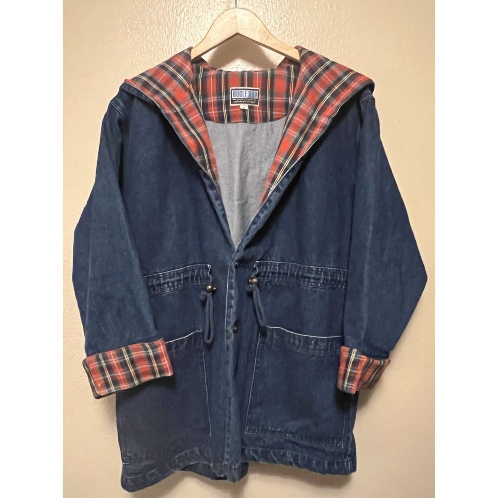 Vtg 90s Bugle Boy Denim Jacket Red PlaidChore Drawstring Coat Relaxed Baggy Sz M